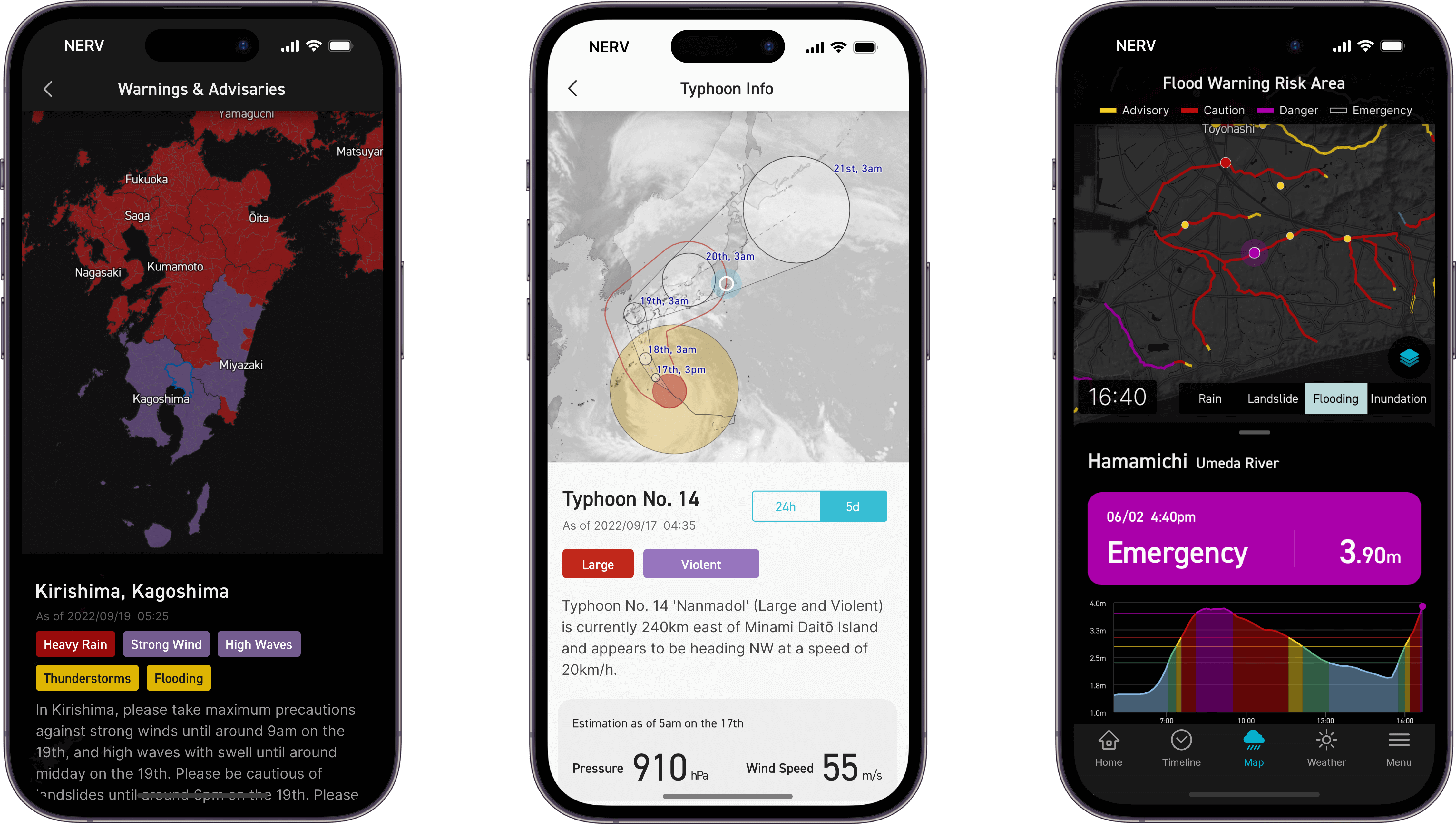 A diagram of the NERV Disaster Prevention App with Earthquake Early Warning, Typhoon Information and Rain Cloud Radar screens side by side.