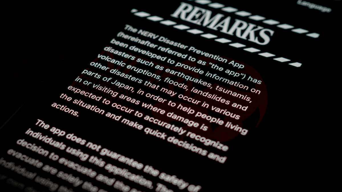 Photo of the Welcome Notes in the NERV Disaster Prevention App