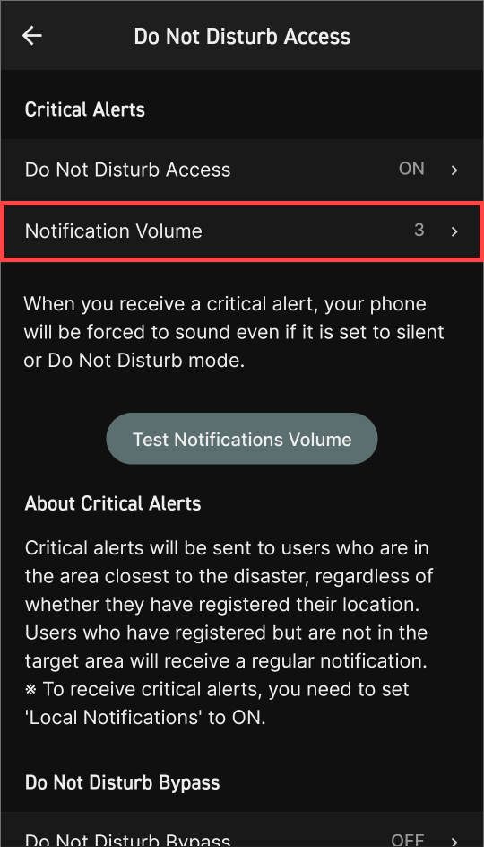 Critical Alert volume settings